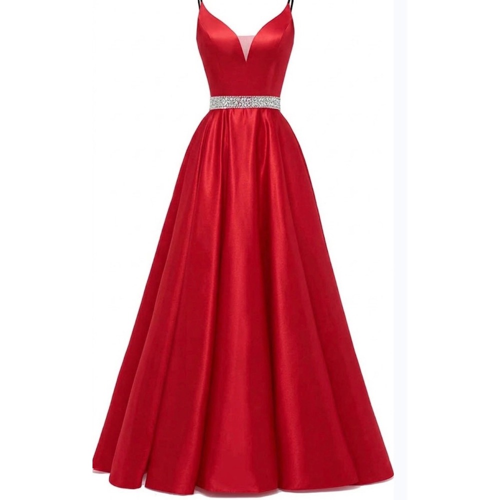 Red Satin Prom Dress Rhinestone Waist Lace Up Corset Back Formal Gown V-Neck
